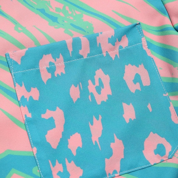 Blue and Pink Casual Button Down Shirt with Vibrant Patterns - Picture 4 of 6